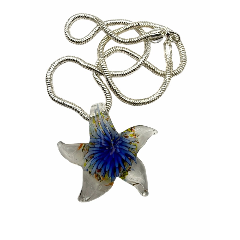 Art Glass Starfish Pendant Necklace Blue Flower Millefiori Silver Snake Chain